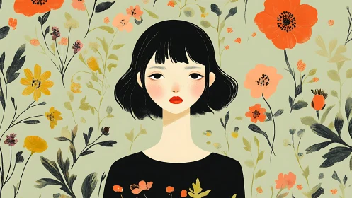 Quiet bloom of a black‑haired girl in painted wild garden