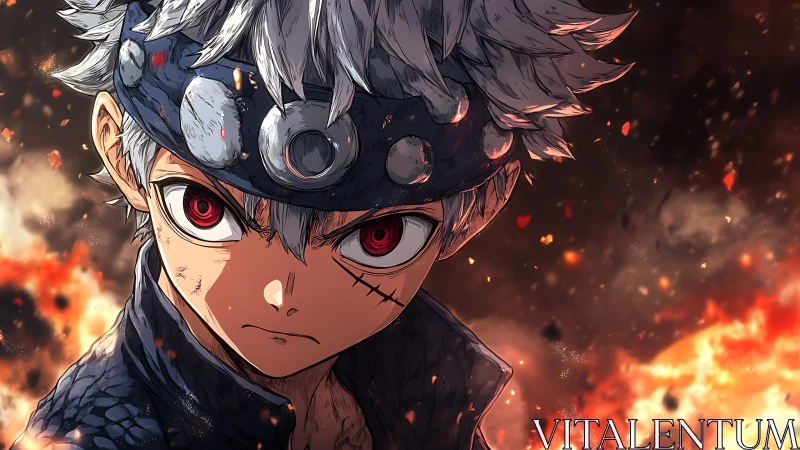 Determined anime warrior stares ahead amid burning embers