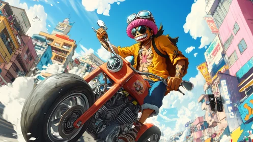 Dynamic low-angle motorcycle rider in stylized urban perspective