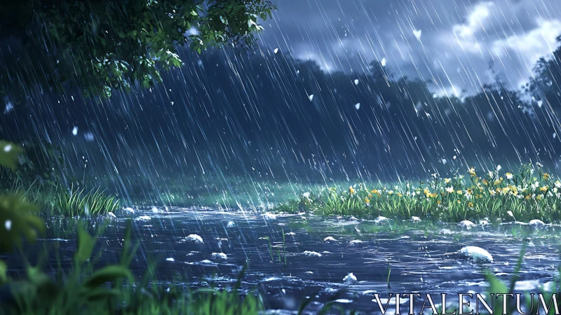 Rain falling over river and meadow with distant trees.