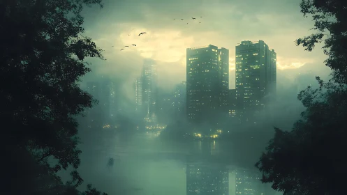 Mist-draped river city where towers glow through silence.