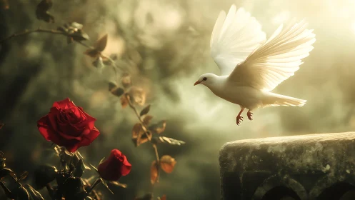 Soft morning light welcomes a white dove and vivid red roses