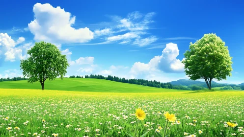 Sunlit meadow daydream with twin trees and drifting clouds.