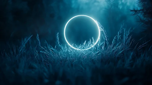 Luminous neon ring hovers in misty blue nocturnal grassland