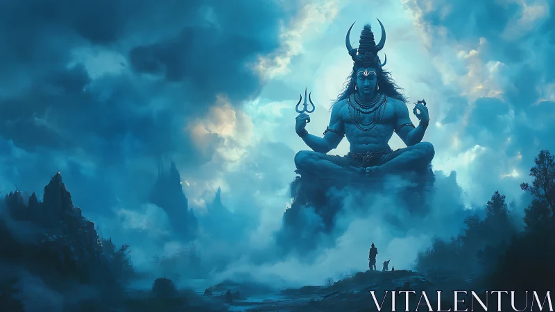 Majestic blue deity meditates above misty mountain valley