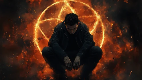 Solitary figure crouches before fiery pentagram in burning smoke