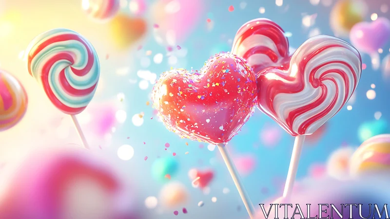 Confectionery lollipops with heart-shaped central element against gradient background