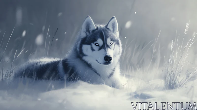 Husky resting in dreamy winter grass and silver light.