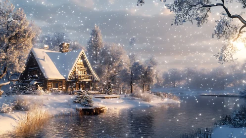 Digital painting of serene riverside cabin in falling snow.