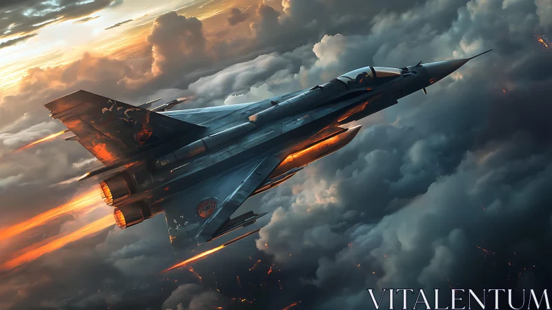 Futuristic fighter jet slices through storm-lit clouds at dusk.