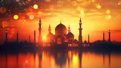 Mosque silhouette at sunset with reflective water and bokeh glow