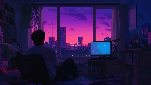 City-glow evening cradles a lone dreamer at the window