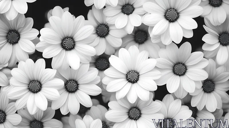 Monochromatic daisy composition with layered depth and dramatic backdrop.