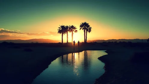 Sunset silhouettes frame palm trees and two distant figures