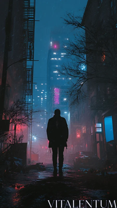 Backlit silhouette in neon-lit alley under dense urban snowfall