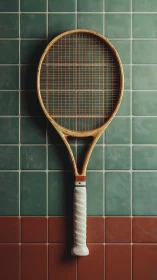 Vintage tennis racket rests against tiled green wall.