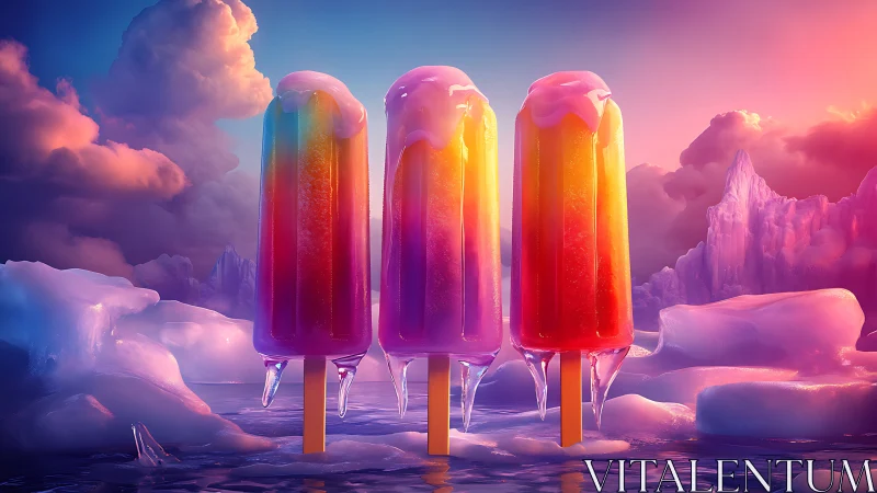 Three vertical popsicles stand within a synthetic icy seascape