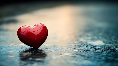 Red Heart-Shaped Object with Refractive Water Surface Bokeh and Atmospheric Depth
