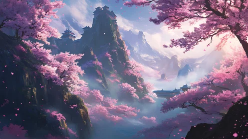 Snowy mountain temples amid radiant cherry blossom haze.