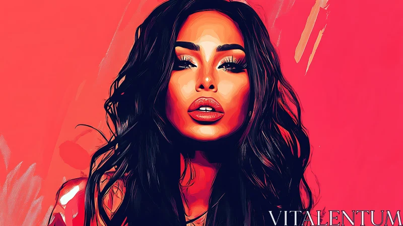 Bold digital portrait of confident woman on vivid coral backdrop