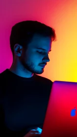 Neon coder in gradient glow, sculpted by laptop light.