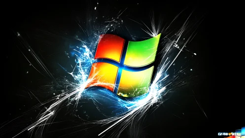 Exploding neon window crest in a storm of digital shards.