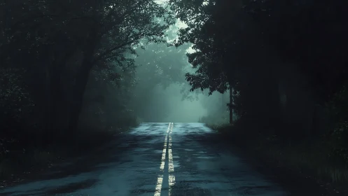 Photorealistic misty forest road with moody chiaroscuro lighting.