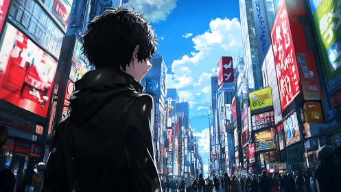 Lone youth contemplates a neon-soaked city streetscape.