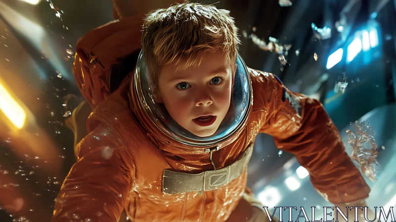 Young stargazer drifts weightless in a glowing space corridor.