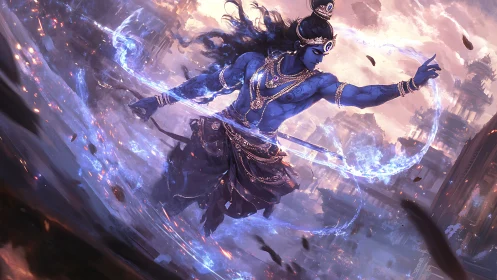 Divine blue warrior in dynamic celestial digital painting.