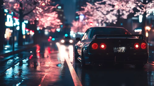 Sporty coupe cruising under soft neon and cherry blossoms.