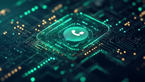 VoIP phone icon glowing on abstract teal digital circuit board