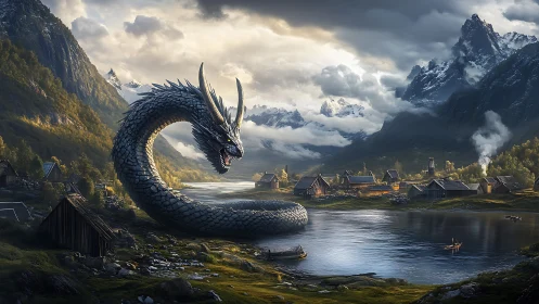 Colossal serpentine dragon over Nordic fjord village at dusk