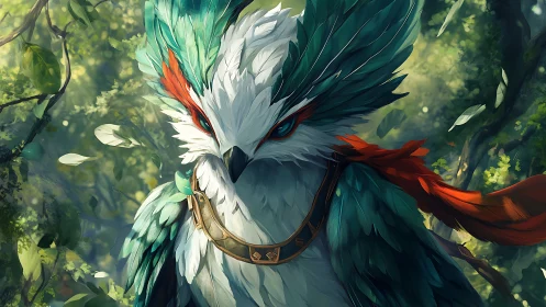 Majestic Fantasy Bird Portrait in Lush Forest, Digital Art Style.