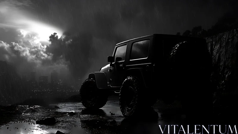 Off-road SUV silhouette dominates stormy nocturnal city overlook