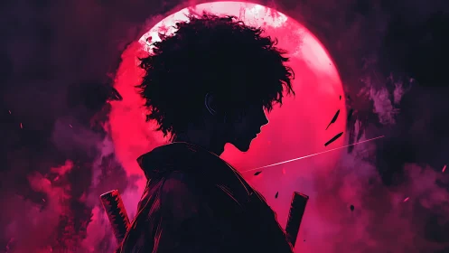 Samurai silhouette before red moon in smoky night sky.