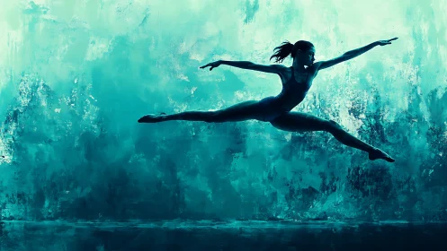 Silhouetted dancer midair leap over textured teal backdrop.
