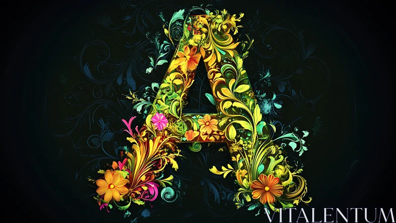 Floral illuminated letter A constructed from dense vector foliage