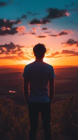 Silhouetted person stands before layered sunset landscape