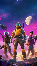 Three armed space explorers stand on alien terrain under stars