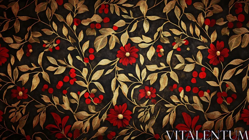 Ornate gold leaf floral pattern with red blossoms on dark field