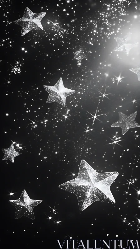 Glittering silver starfield with bokeh particles on black ground