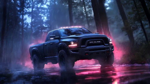 Bold off-road pickup glowing through neon forest rain.