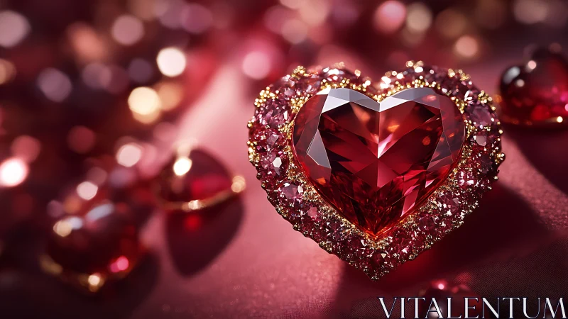 Heart-cut ruby gemstone brooch on bokeh lit crimson silk.