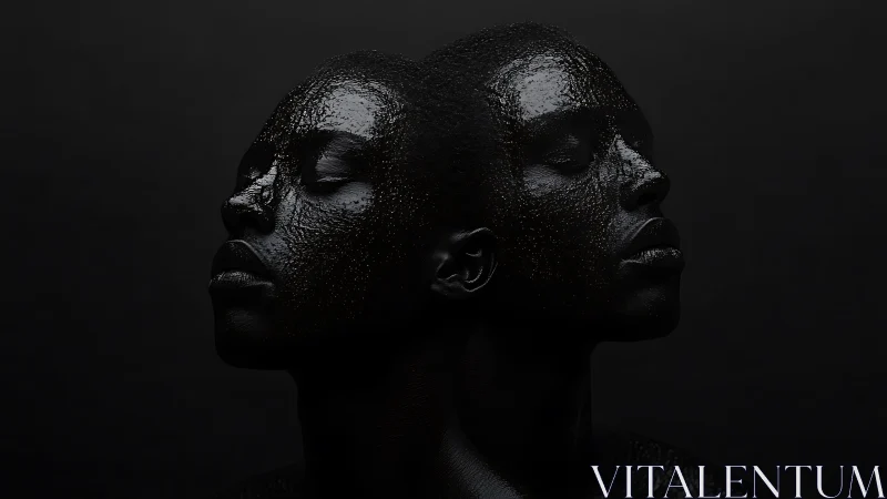 Dual glossy portraits merging in minimal black void.