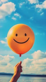 Smiley face balloon held against bright summer sky.