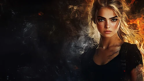 Focused warrior woman in dark, fiery digital portrait.