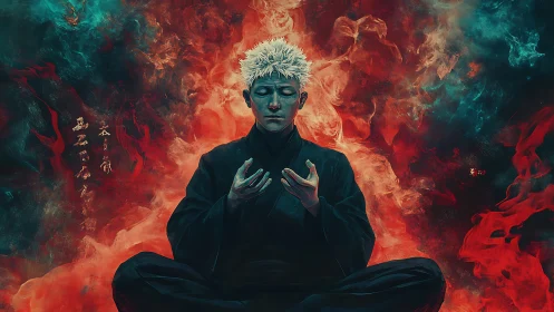 White haired figure meditating amid red and teal swirling smoke.