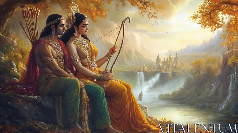 Divine couple overlooking mythic waterfalls and citadel.