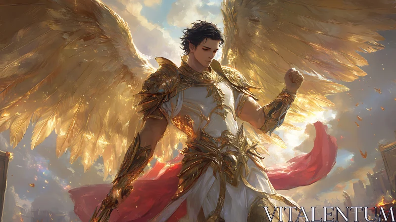 Radiant armored seraph with gilded wings over burning city.